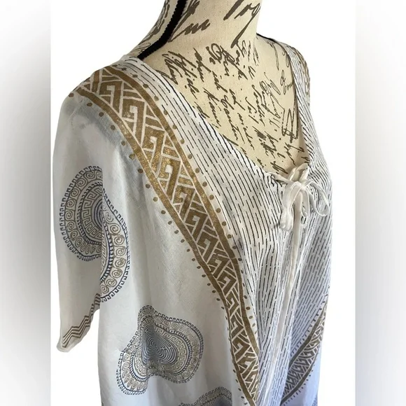 NWT Eya Collection White Tunic Gauzy Coverup, Gold & Blue Mediterranean Print - Picture 7 of 13